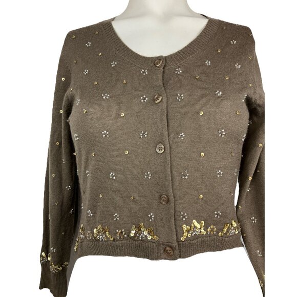 Vintage Zelda Merino Or Cashmere Cardigan Sweater Sequins Olive Green - Picture 1 of 4